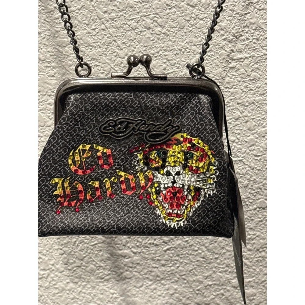 NWT ED HARDY BLACK COIN FAUX LEATHER/BAG/KISSLOCK Y2K With Throw Chain Wallet